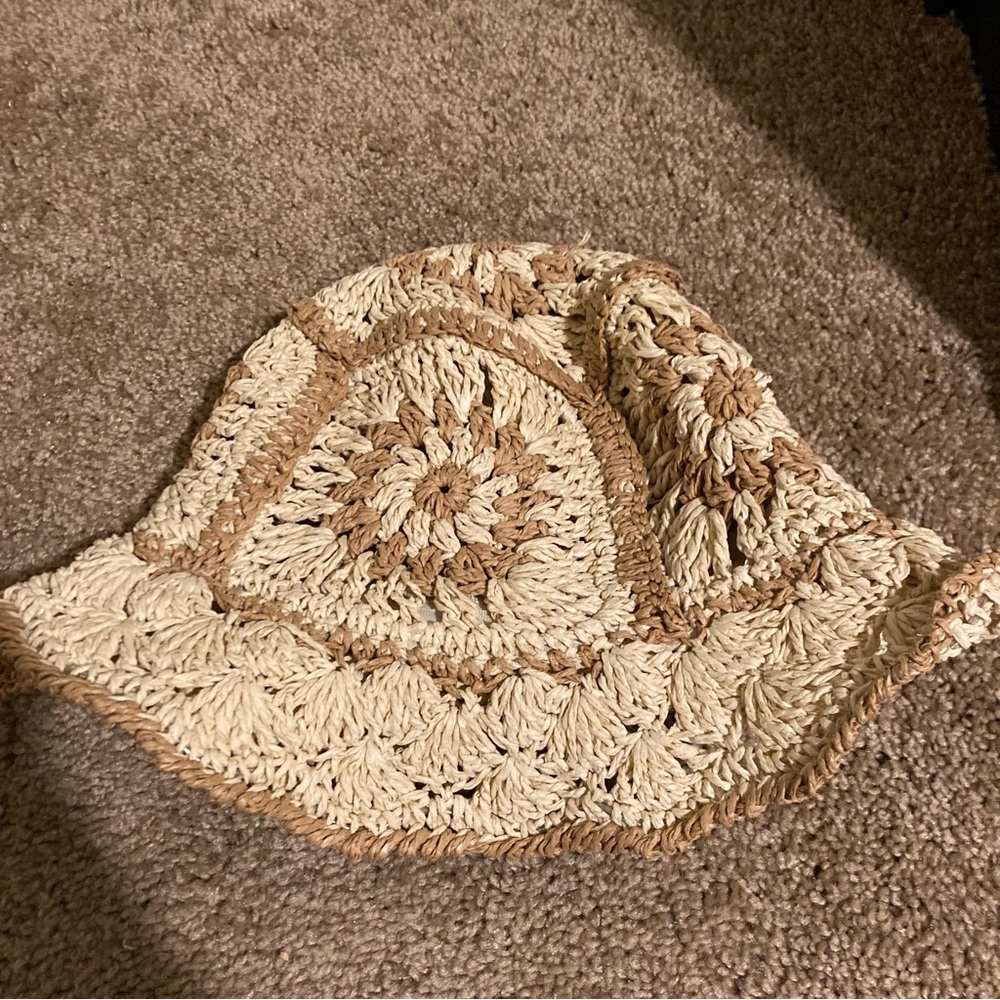 Vintage Y2K 90s Crochet Sunflower Granny Square Straw Bucket Hat